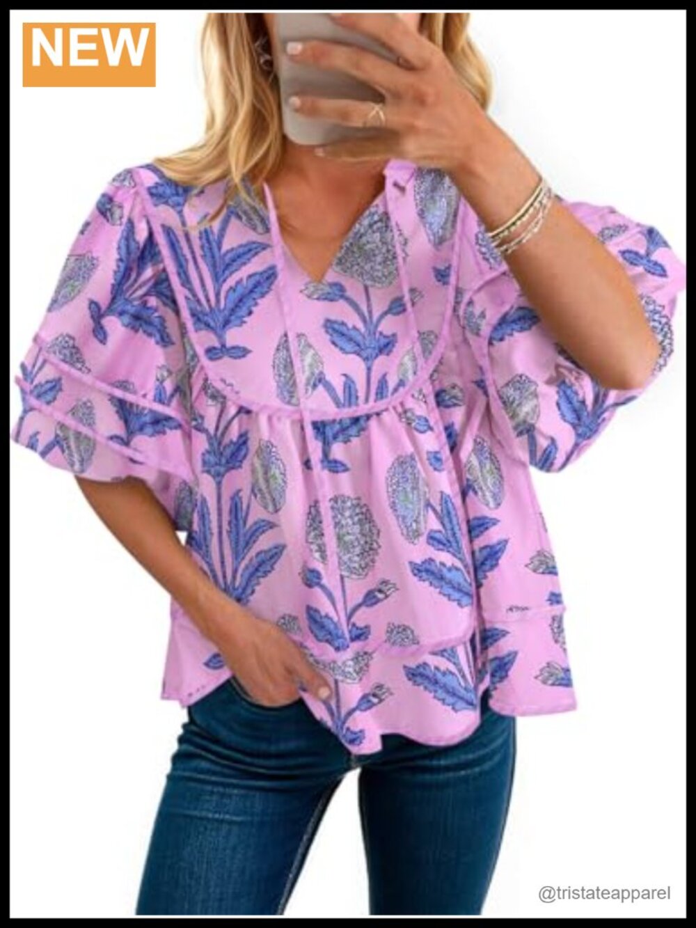 Floral Babydoll Top V Neck Lantern Sleeve Loose Blouse Empress Waist
